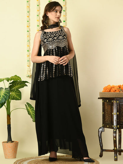 Women's Black  Georgette Top & Skirt With Dupatta Party Sets