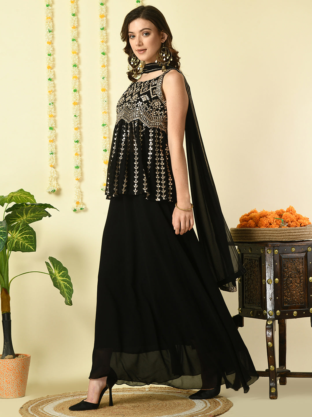 Women's Black  Georgette Top & Skirt With Dupatta Party Sets