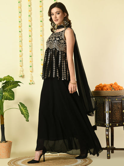 Women's Black  Georgette Top & Skirt With Dupatta Party Sets