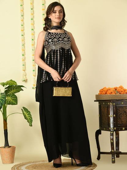 Women's Black  Georgette Top & Skirt With Dupatta Party Sets