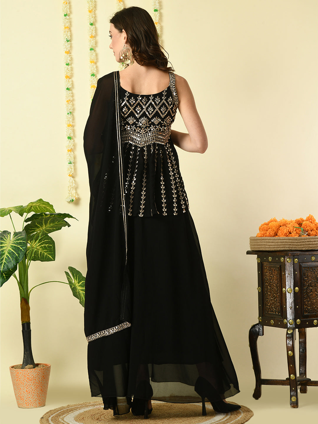 Women's Black  Georgette Top & Skirt With Dupatta Party Sets