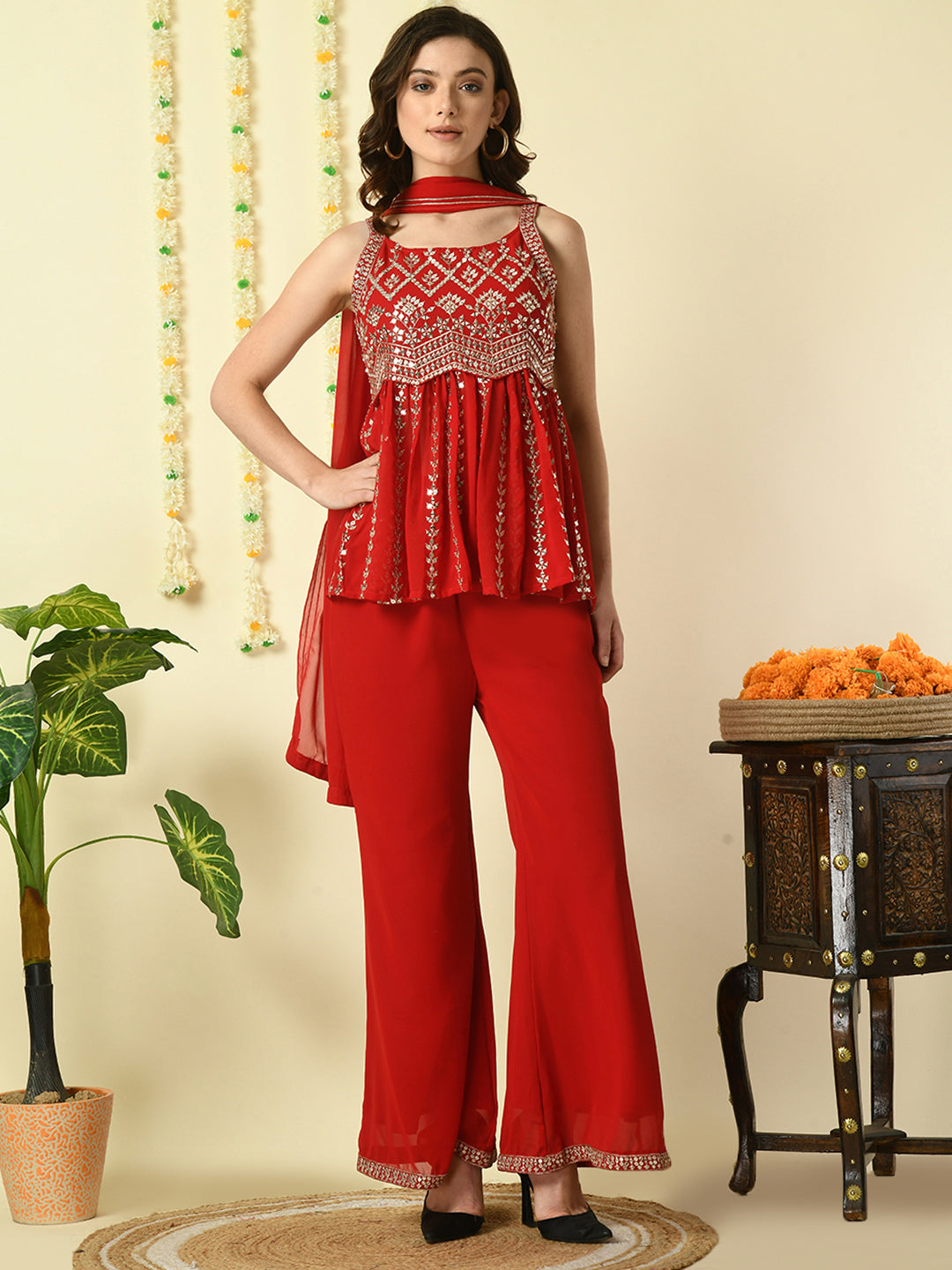 Women's Red  Georgette Top & Palazzos With Dupatta Party Sets