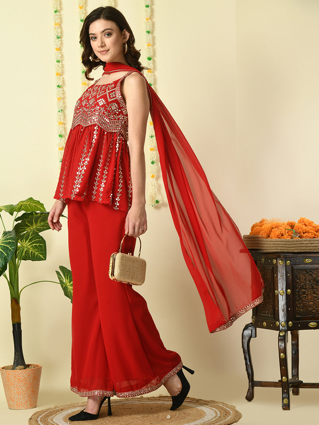 Women's Red  Georgette Top & Palazzos With Dupatta Party Sets