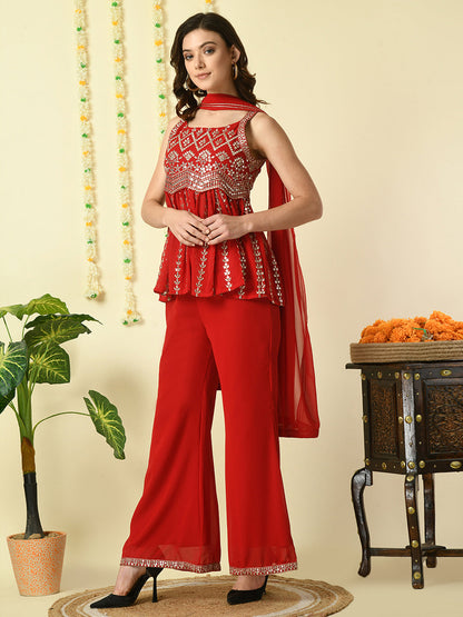 Women's Red  Georgette Top & Palazzos With Dupatta Party Sets