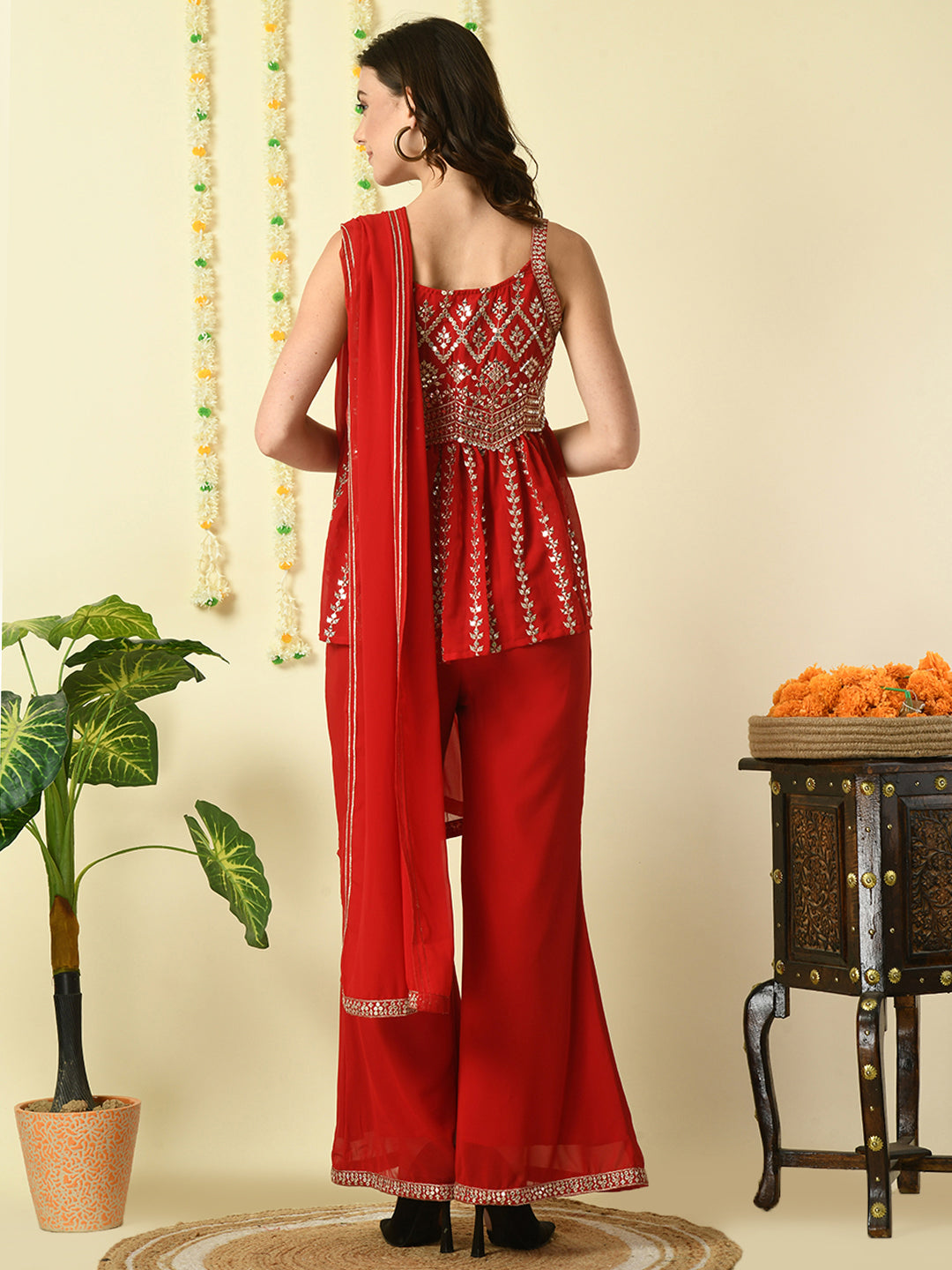 Women's Red  Georgette Top & Palazzos With Dupatta Party Sets