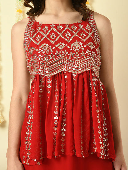 Women's Red  Georgette Top & Palazzos With Dupatta Party Sets