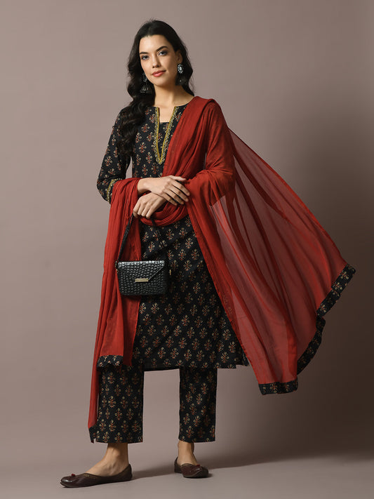 Women's  Black Printed Cotton Straight Party Kurta Sets With Dupatta