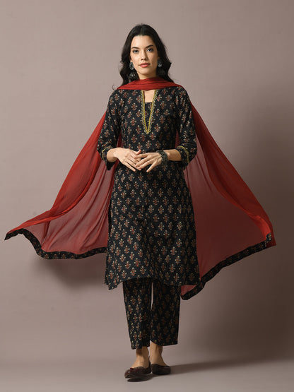 Women's  Black Printed Cotton Straight Party Kurta Sets With Dupatta