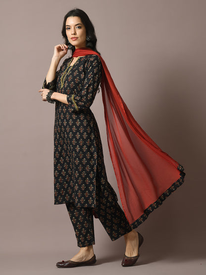 Women's  Black Printed Cotton Straight Party Kurta Sets With Dupatta