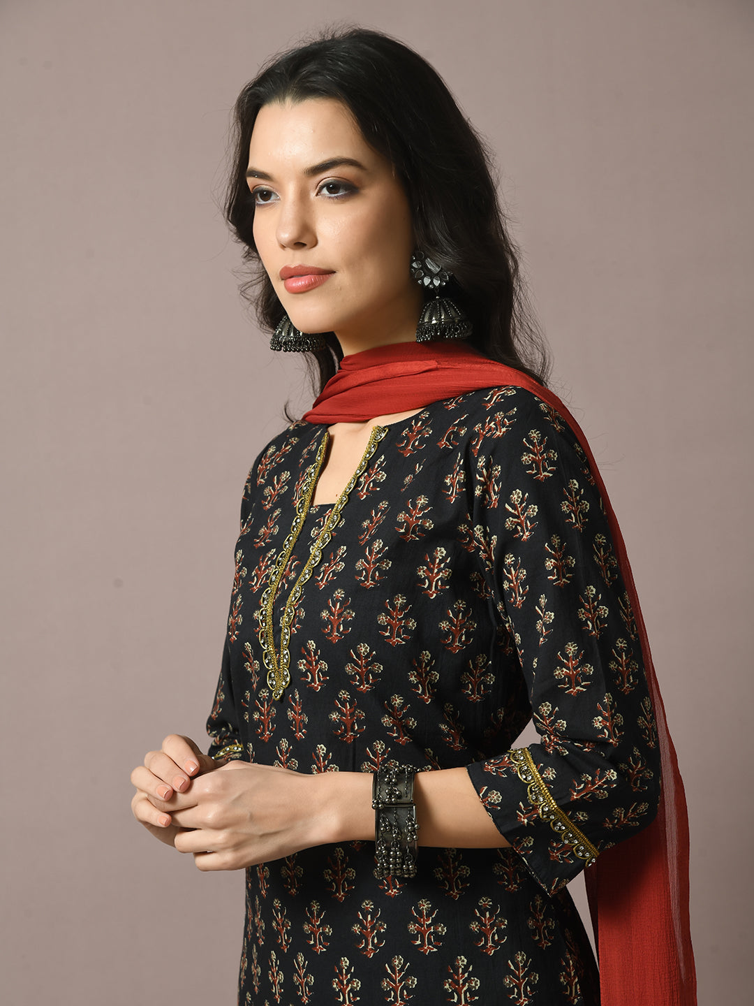 Women's  Black Printed Cotton Straight Party Kurta Sets With Dupatta
