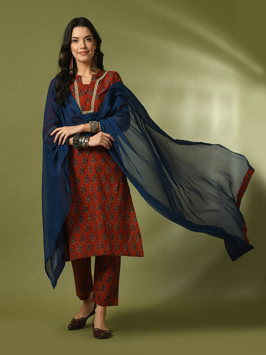 Women's  Rust Printed Cotton Straight Party Kurta Sets With Dupatta