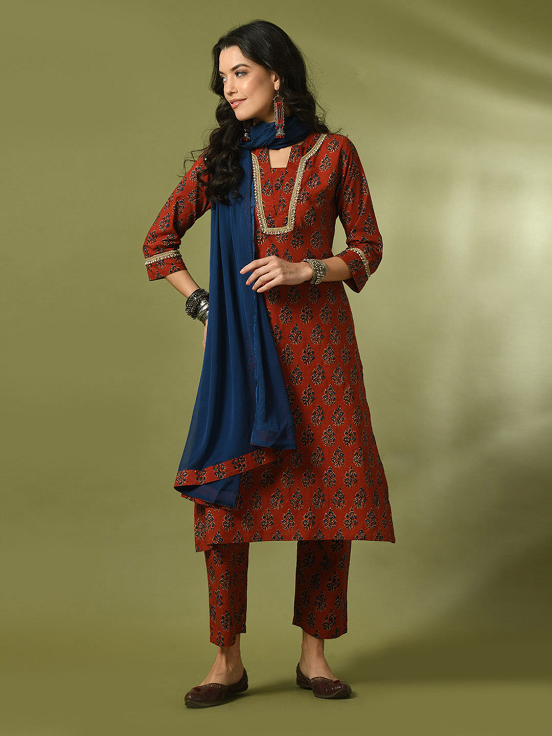 Women's  Rust Printed Cotton Straight Party Kurta Sets With Dupatta