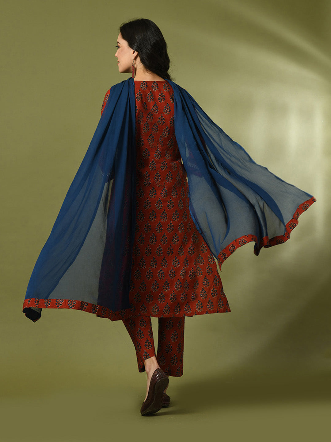 Women's  Rust Printed Cotton Straight Party Kurta Sets With Dupatta