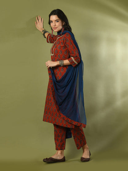 Women's  Rust Printed Cotton Straight Party Kurta Sets With Dupatta