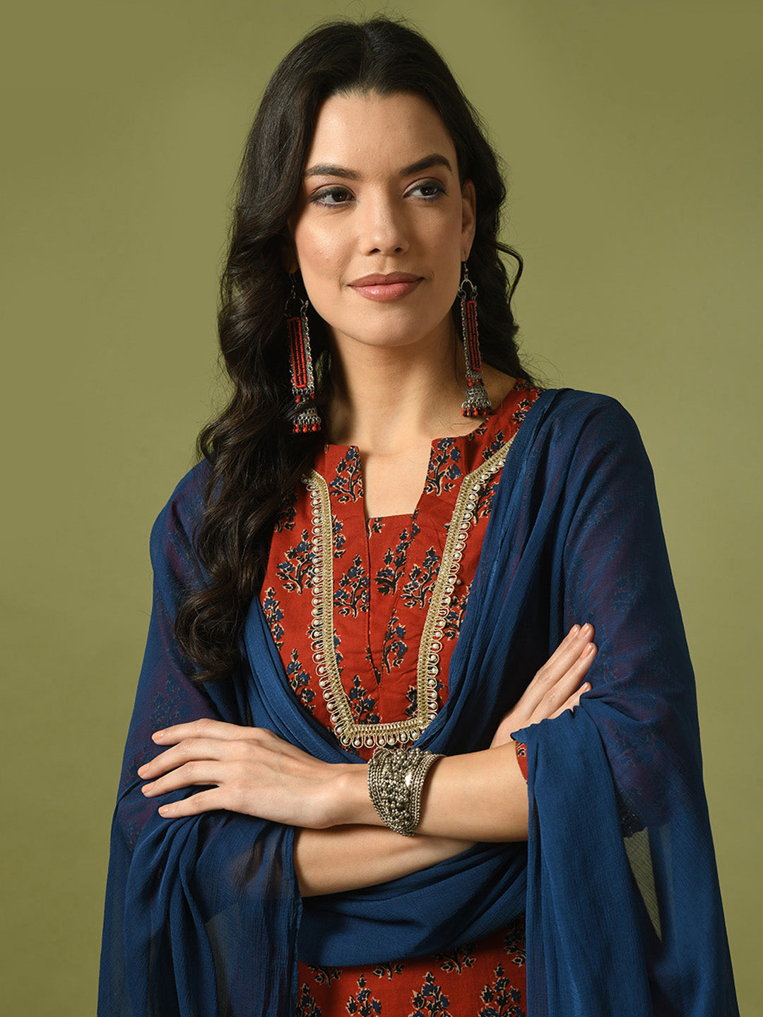 Women's  Rust Printed Cotton Straight Party Kurta Sets With Dupatta