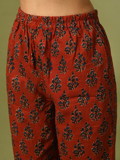 Women's  Rust Printed Cotton Straight Party Kurta Sets With Dupatta
