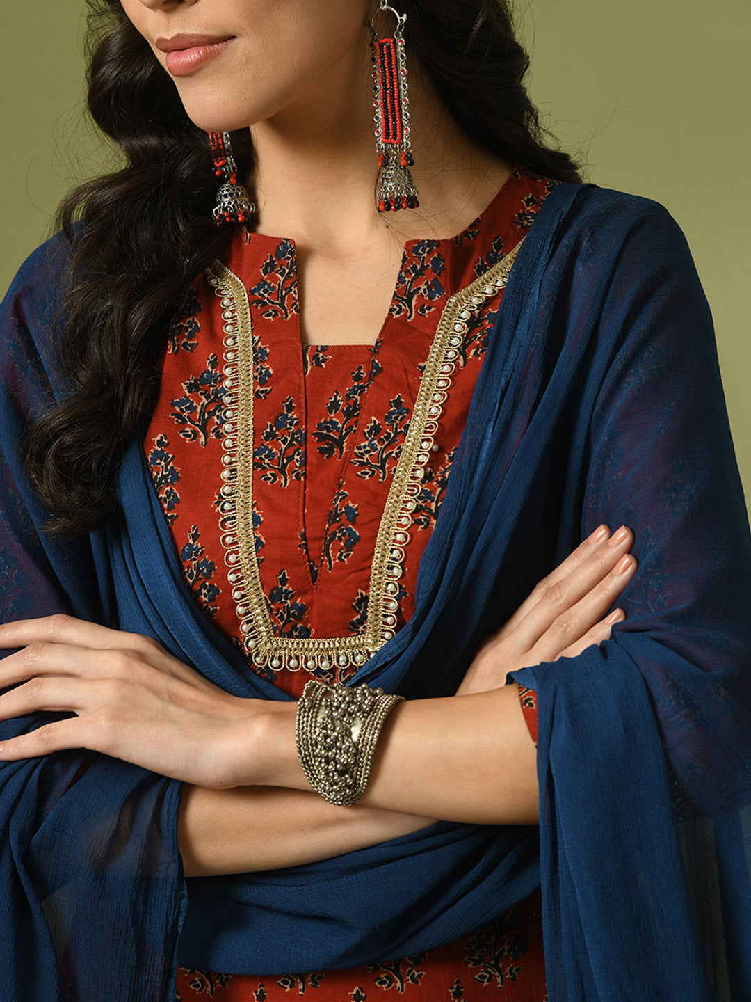 Women's  Rust Printed Cotton Straight Party Kurta Sets With Dupatta