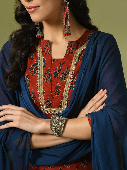 Women's  Rust Printed Cotton Straight Party Kurta Sets With Dupatta