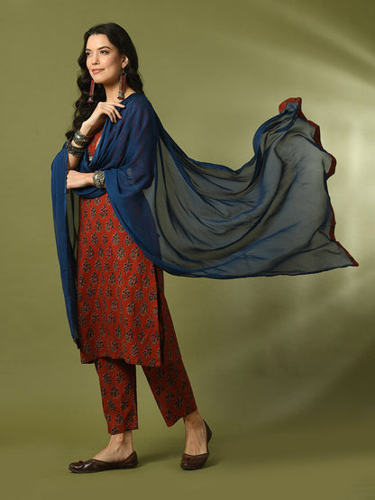 Women's  Rust Printed Cotton Straight Party Kurta Sets With Dupatta