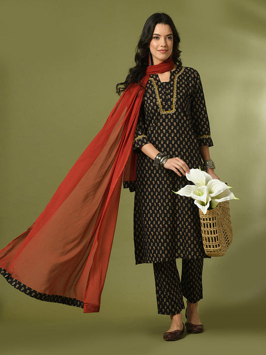 Women's  Black Printed Cotton Straight Party Kurta Sets With Dupatta