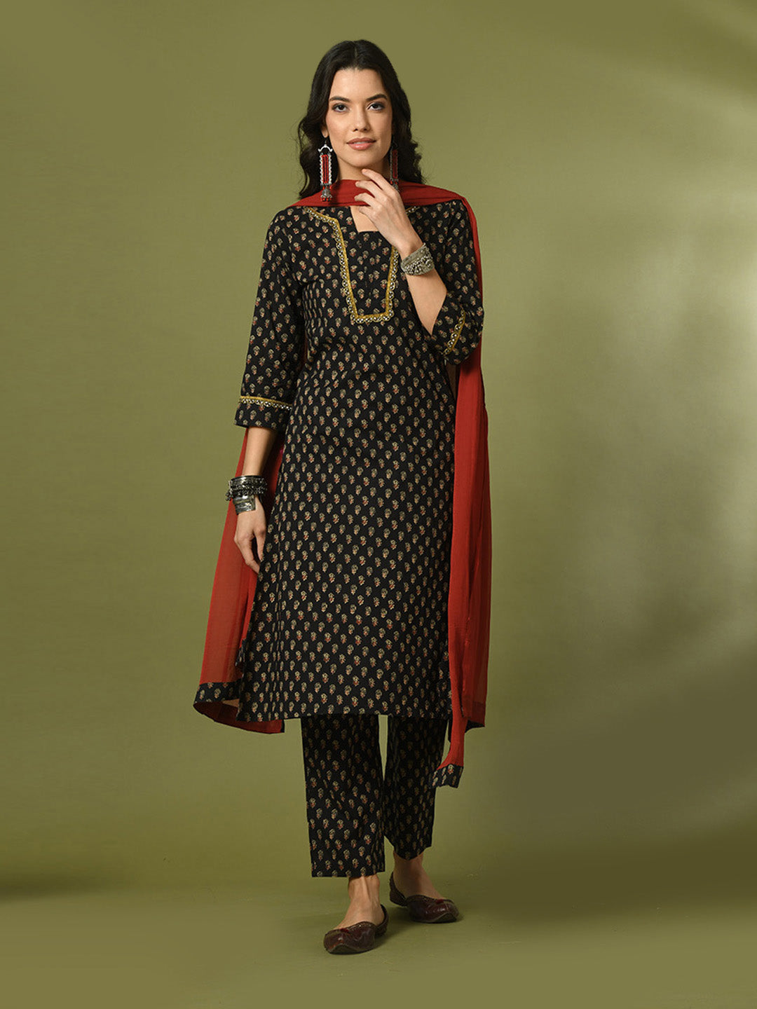 Women's  Black Printed Cotton Straight Party Kurta Sets With Dupatta