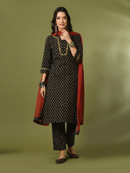 Women's  Black Printed Cotton Straight Party Kurta Sets With Dupatta