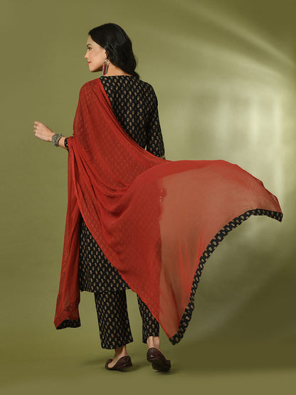 Women's  Black Printed Cotton Straight Party Kurta Sets With Dupatta