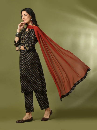 Women's  Black Printed Cotton Straight Party Kurta Sets With Dupatta
