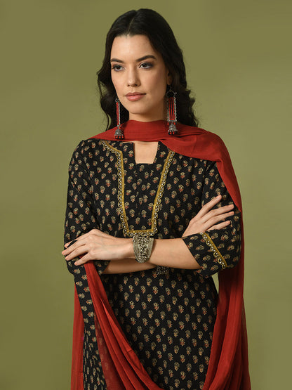 Women's  Black Printed Cotton Straight Party Kurta Sets With Dupatta