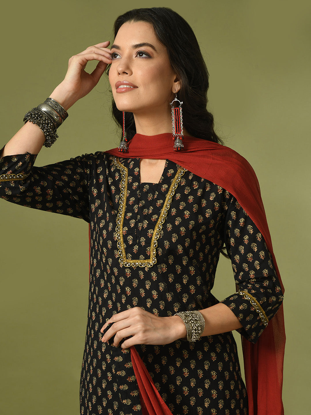 Women's  Black Printed Cotton Straight Party Kurta Sets With Dupatta