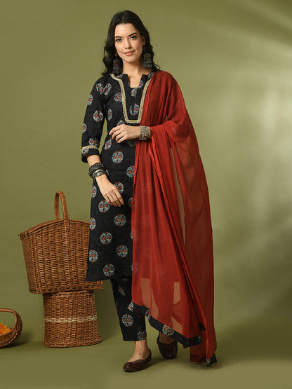 Women's  Black Printed Cotton Straight Party Kurta Sets With Dupatta