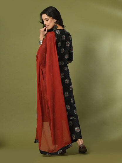 Women's  Black Printed Cotton Straight Party Kurta Sets With Dupatta
