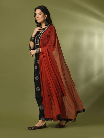 Women's  Black Printed Cotton Straight Party Kurta Sets With Dupatta