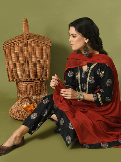 Women's  Black Printed Cotton Straight Party Kurta Sets With Dupatta