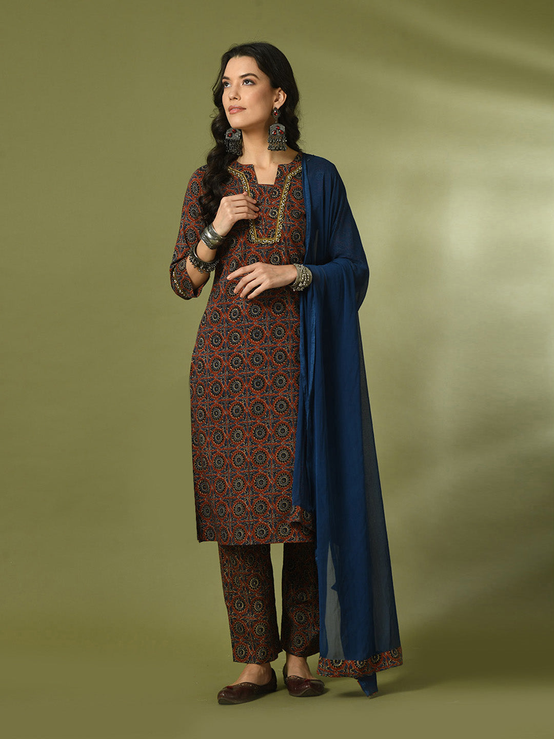 Women's  Multi Printed Cotton Straight Party Kurta Sets With Dupatta