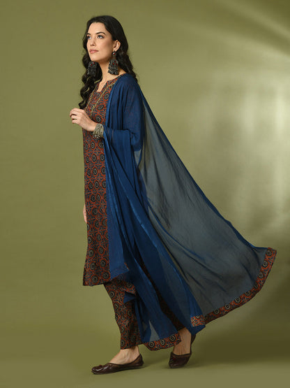 Women's  Multi Printed Cotton Straight Party Kurta Sets With Dupatta