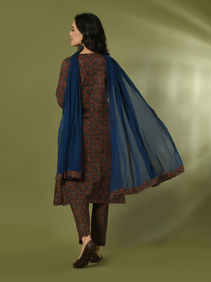 Women's  Multi Printed Cotton Straight Party Kurta Sets With Dupatta
