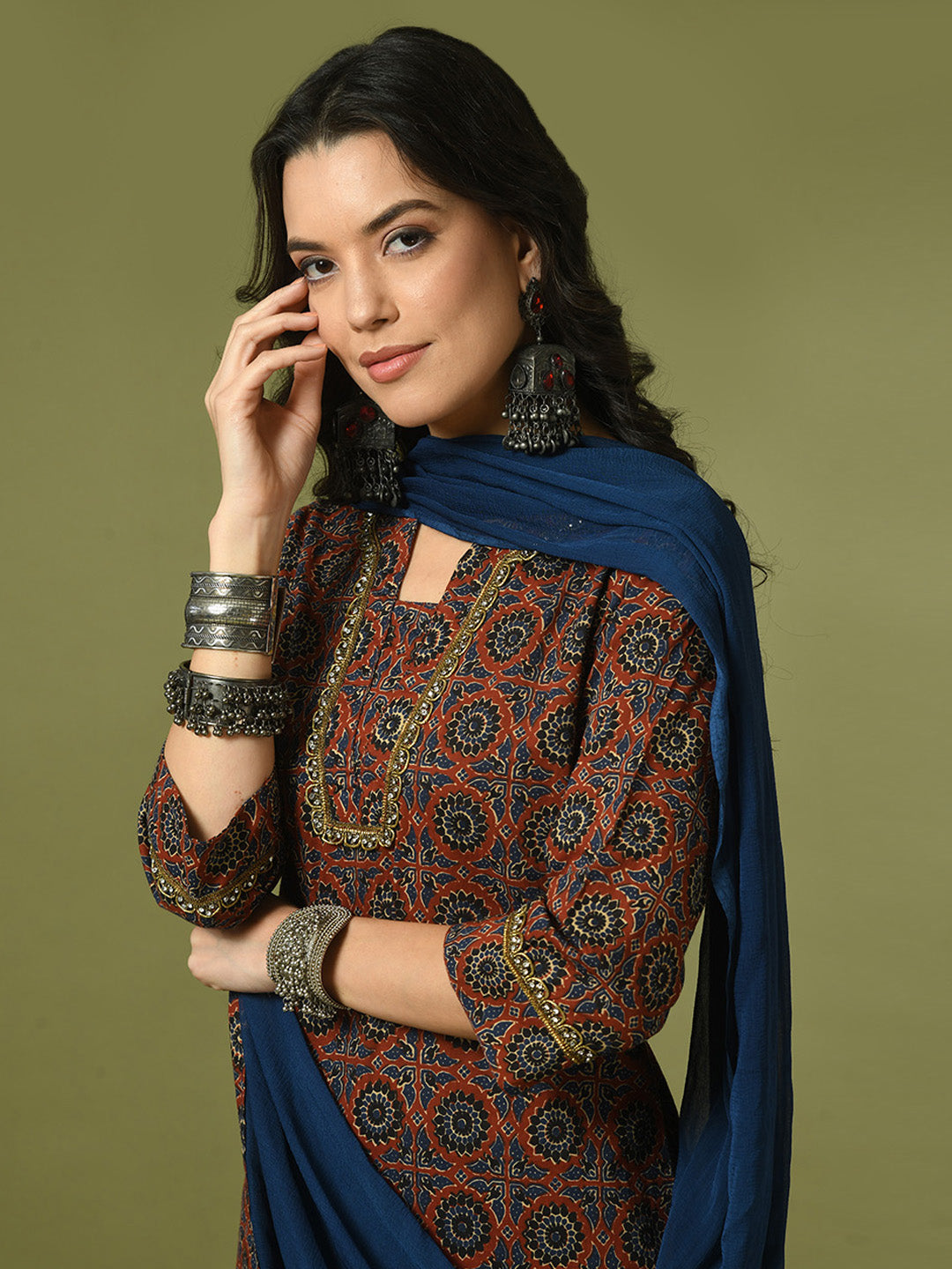 Women's  Multi Printed Cotton Straight Party Kurta Sets With Dupatta