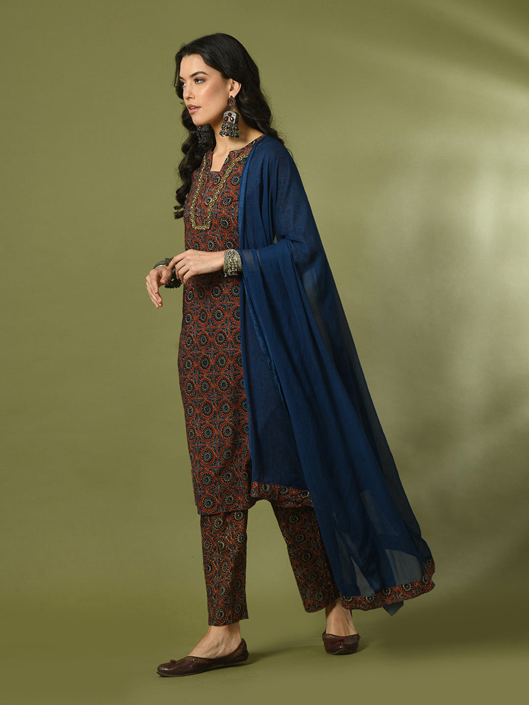 Women's  Multi Printed Cotton Straight Party Kurta Sets With Dupatta