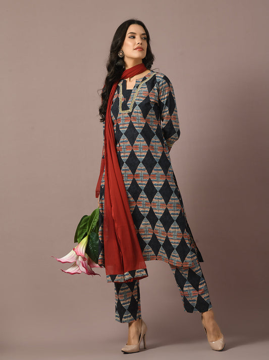 Women's  Multi Printed Cotton Straight Party Kurta Sets With Dupatta