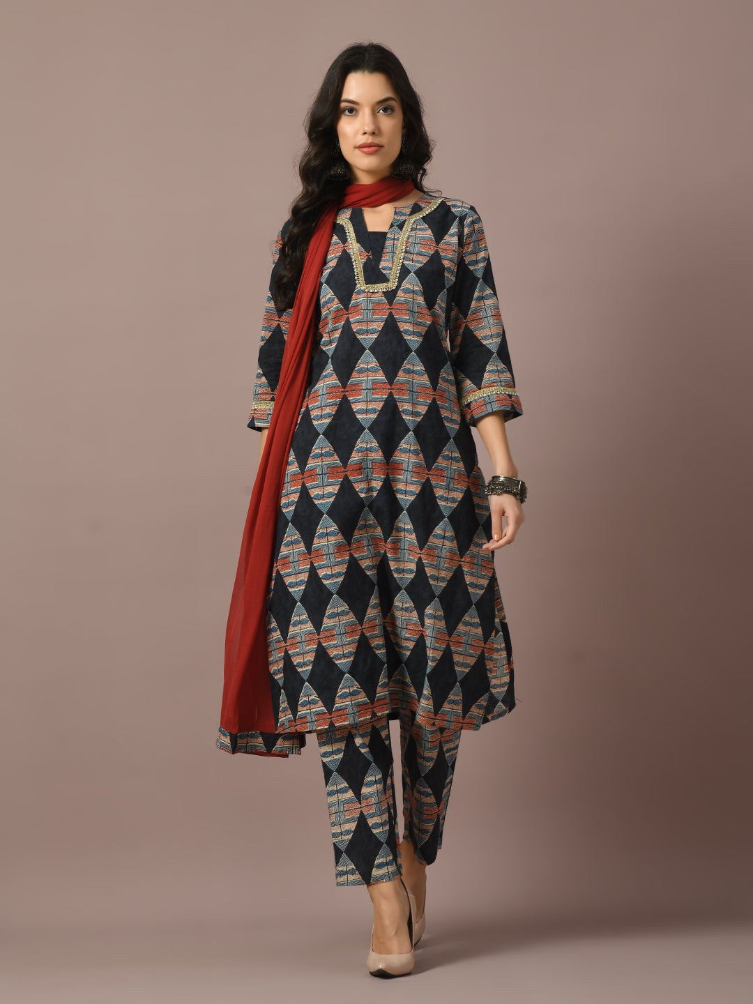 Women's  Multi Printed Cotton Straight Party Kurta Sets With Dupatta