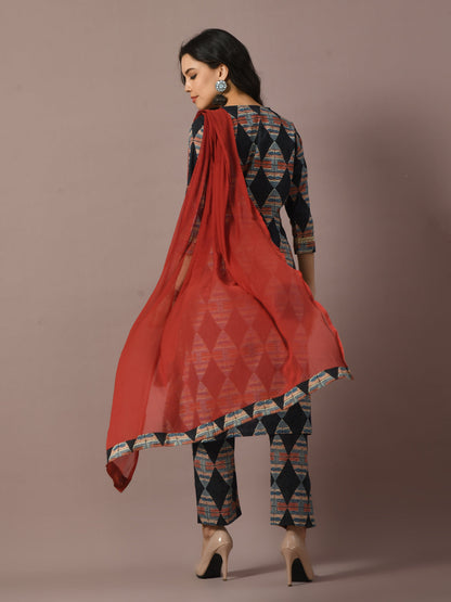 Women's  Multi Printed Cotton Straight Party Kurta Sets With Dupatta