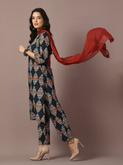 Women's  Multi Printed Cotton Straight Party Kurta Sets With Dupatta