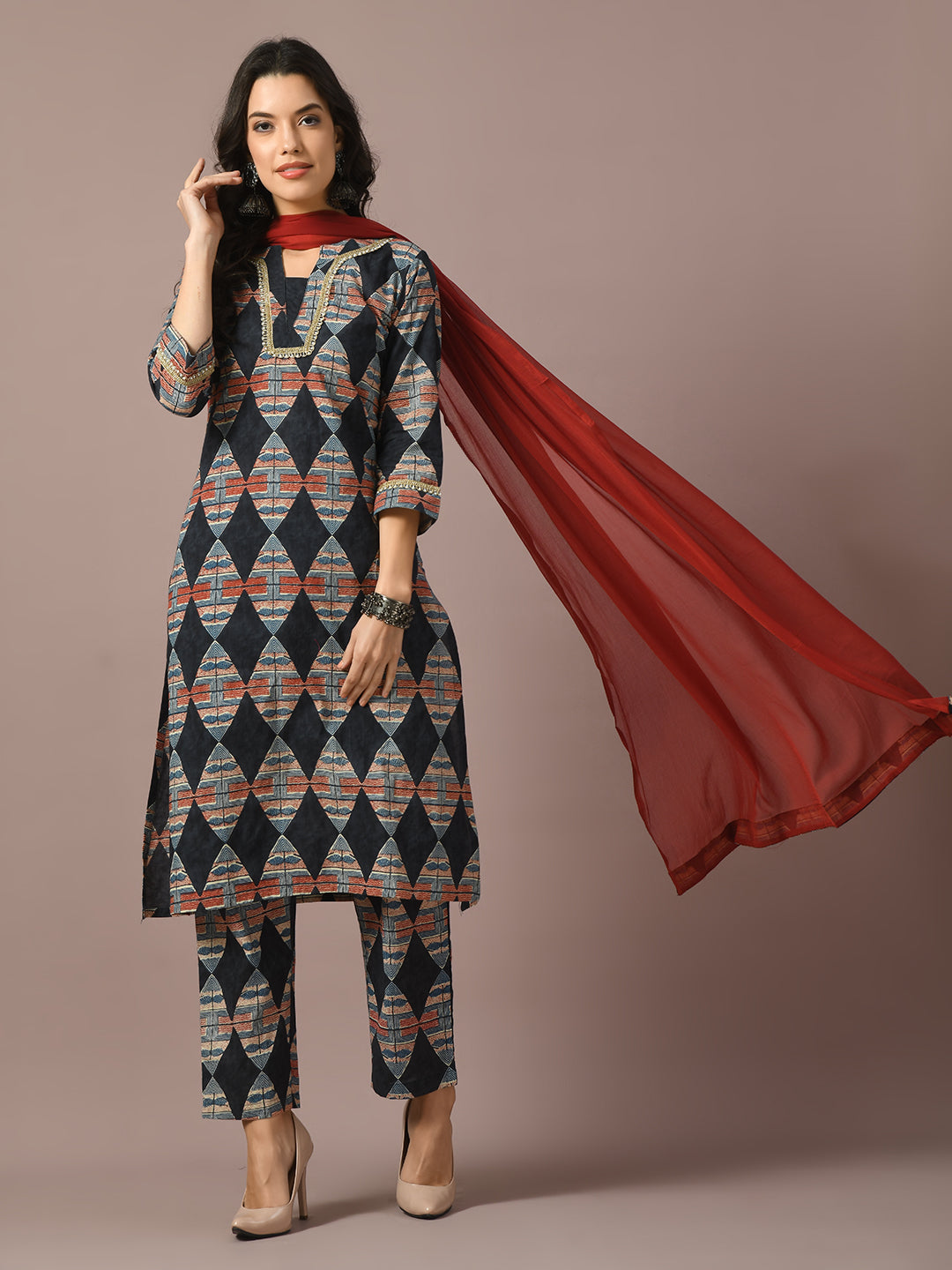 Women's  Multi Printed Cotton Straight Party Kurta Sets With Dupatta