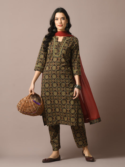 Women's  Multi Printed Cotton Straight Party Kurta Sets With Dupatta