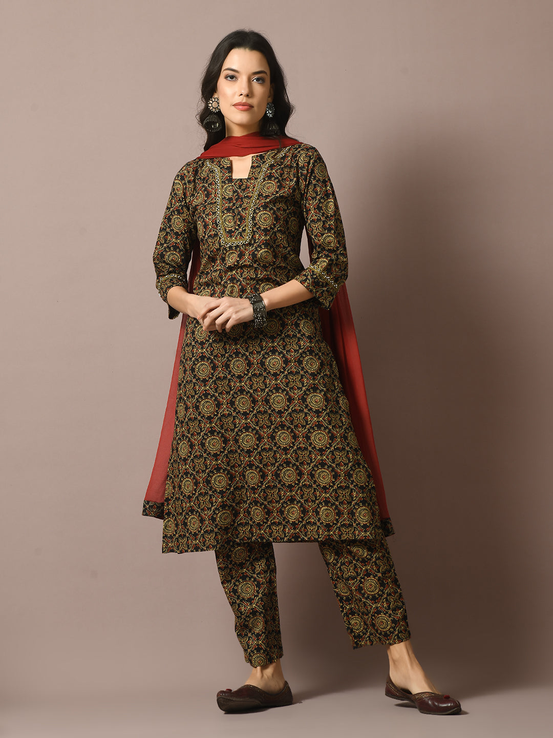 Women's  Multi Printed Cotton Straight Party Kurta Sets With Dupatta