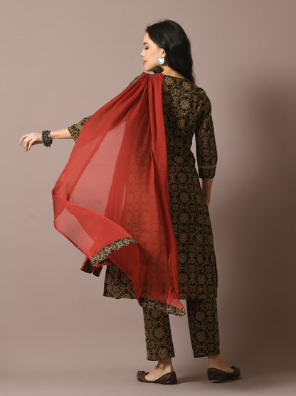 Women's  Multi Printed Cotton Straight Party Kurta Sets With Dupatta
