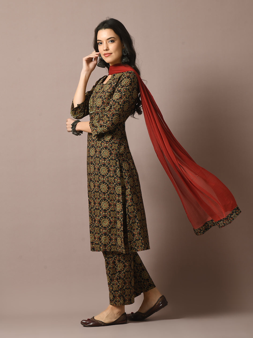 Women's  Multi Printed Cotton Straight Party Kurta Sets With Dupatta