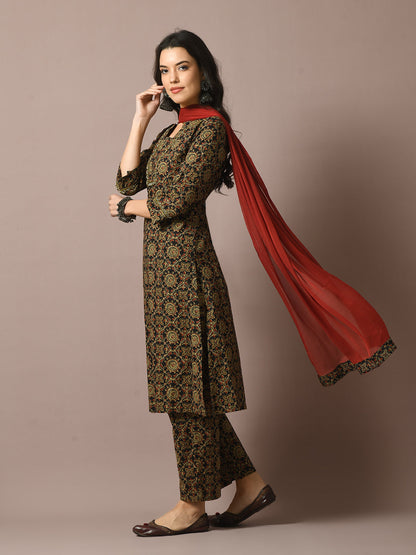 Women's  Multi Printed Cotton Straight Party Kurta Sets With Dupatta