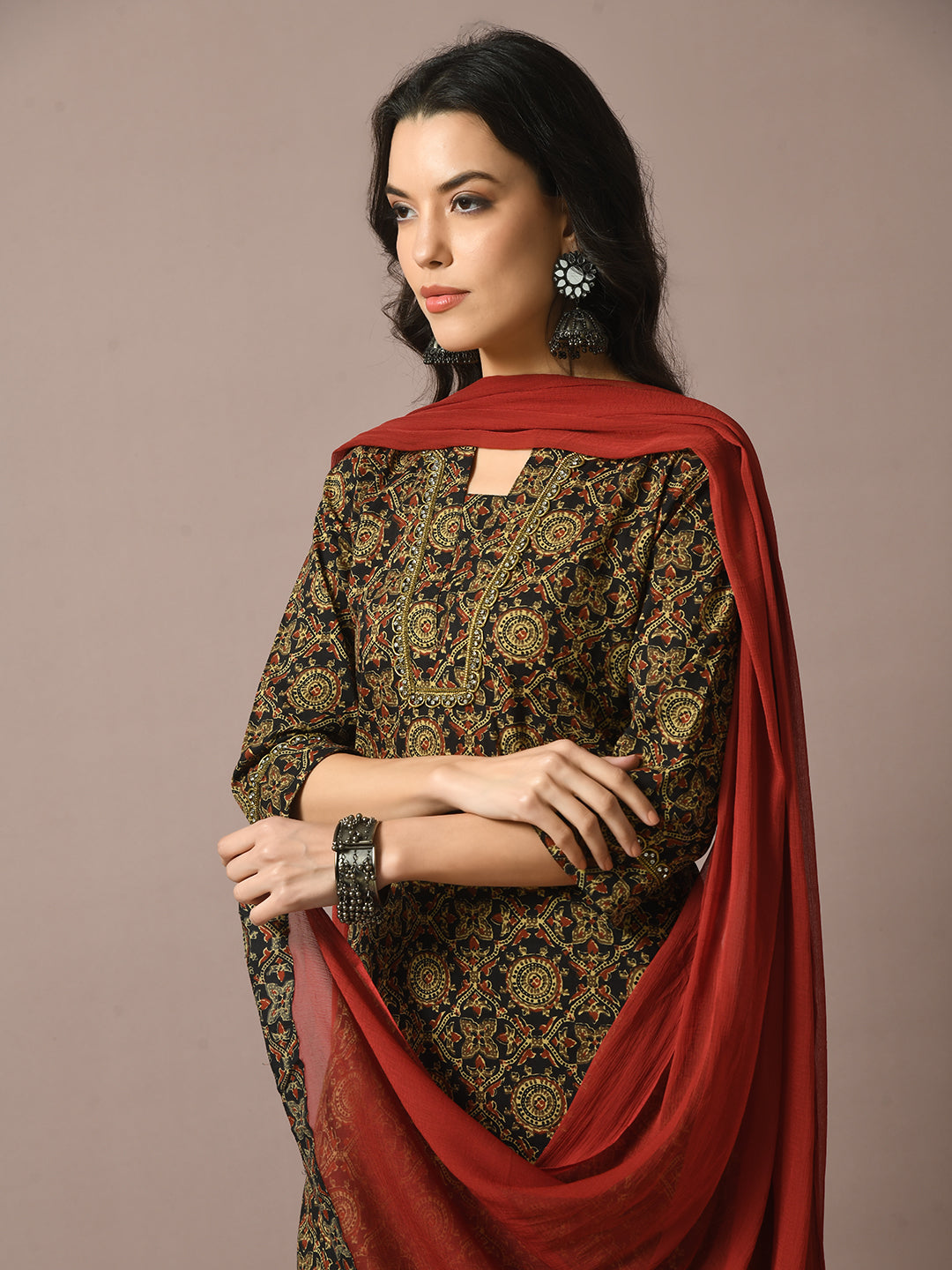 Women's  Multi Printed Cotton Straight Party Kurta Sets With Dupatta